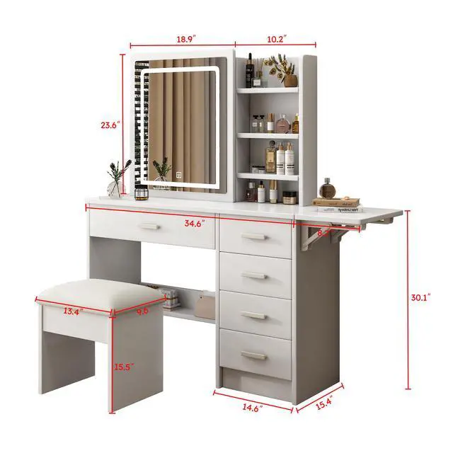 Alt view image 3 of 7 - Fashion Vanity Desk with Mirror and Lights for Makeup with open shelves and Chair, Vanity Mirror with Lights and Table Set with 3 Color Lighting Brightness Adjustable, 5 Drawers, White Color