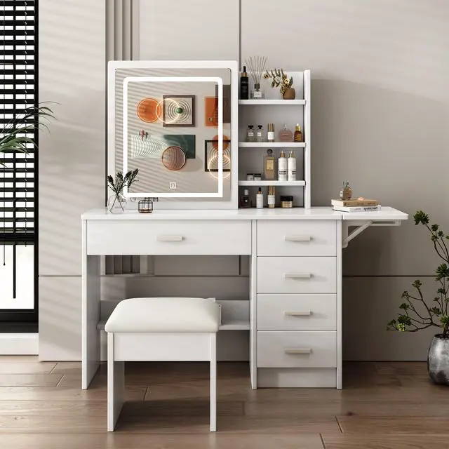 Alt view image 2 of 7 - Fashion Vanity Desk with Mirror and Lights for Makeup with open shelves and Chair, Vanity Mirror with Lights and Table Set with 3 Color Lighting Brightness Adjustable, 5 Drawers, White Color