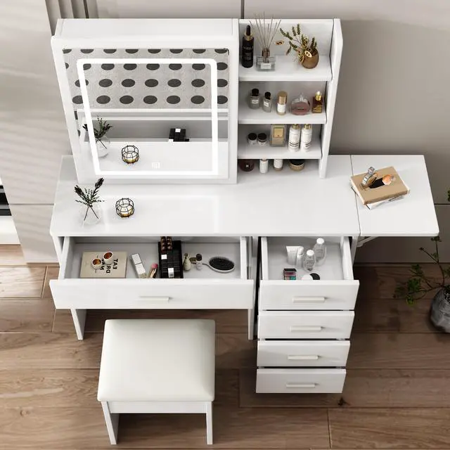 Alt view image 4 of 7 - Fashion Vanity Desk with Mirror and Lights for Makeup with open shelves and Chair, Vanity Mirror with Lights and Table Set with 3 Color Lighting Brightness Adjustable, 5 Drawers, White Color