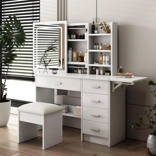 Alt view image 5 of 7 - Fashion Vanity Desk with Mirror and Lights for Makeup with open shelves and Chair, Vanity Mirror with Lights and Table Set with 3 Color Lighting Brightness Adjustable, 5 Drawers, White Color