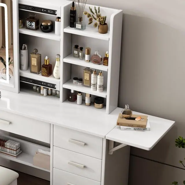 Alt view image 7 of 7 - Fashion Vanity Desk with Mirror and Lights for Makeup with open shelves and Chair, Vanity Mirror with Lights and Table Set with 3 Color Lighting Brightness Adjustable, 5 Drawers, White Color