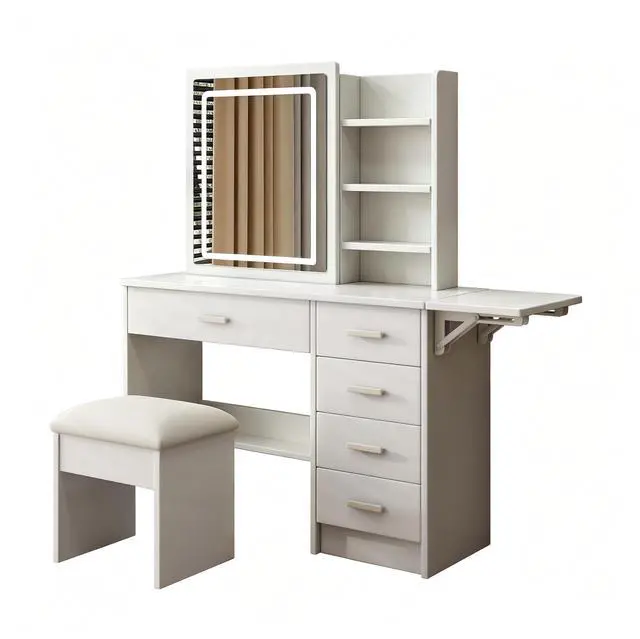 Main image of Fashion Vanity Desk with Mirror and Lights for Makeup with open shelves and Chair, Vanity Mirror with Lights and Table Set with 3 Color Lighting Brightness Adjustable, 5 Drawers, White Color