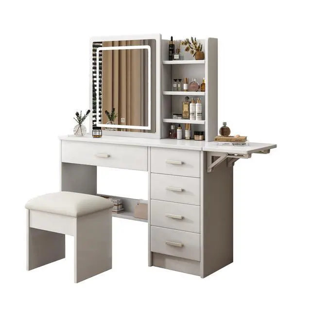 Alt view image 6 of 7 - Fashion Vanity Desk with Mirror and Lights for Makeup with open shelves and Chair, Vanity Mirror with Lights and Table Set with 3 Color Lighting Brightness Adjustable, 5 Drawers, White Color