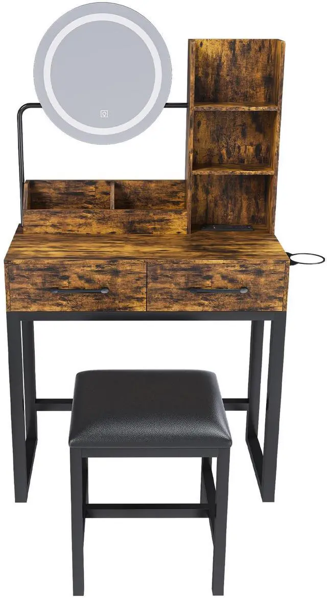 Main image of Makeup Vanity with LED Lights&3 Color and Power Outlet Makeup Vanity Table with 2 big Drawers with Sturdy Metal Leg and Metal Chair ,Dressing Table for Bedroom Dressing Room (brown)