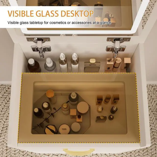 Alt view image 4 of 7 - 3 in 1 Vanity Desk with open Top Mirror,Small Make Up Vanity Set with Visible Glass Desktop,Compact Makeup Vanity with 3 Drawers,Dressing Table for Bedroom