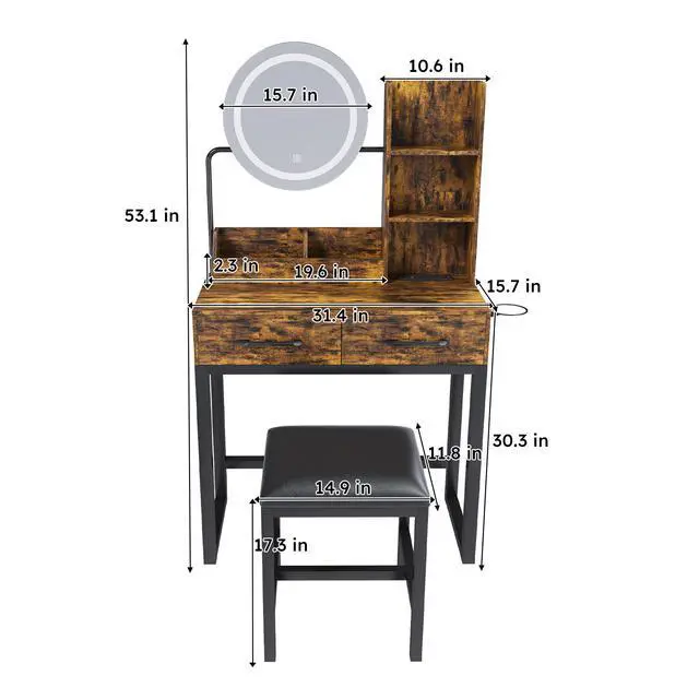 Alt view image 3 of 7 - Makeup Vanity with LED Lights&3 Color and Power Outlet Makeup Vanity Table with 2 big Drawers with Sturdy Metal Leg and Metal Chair ,Dressing Table for Bedroom Dressing Room (brown)
