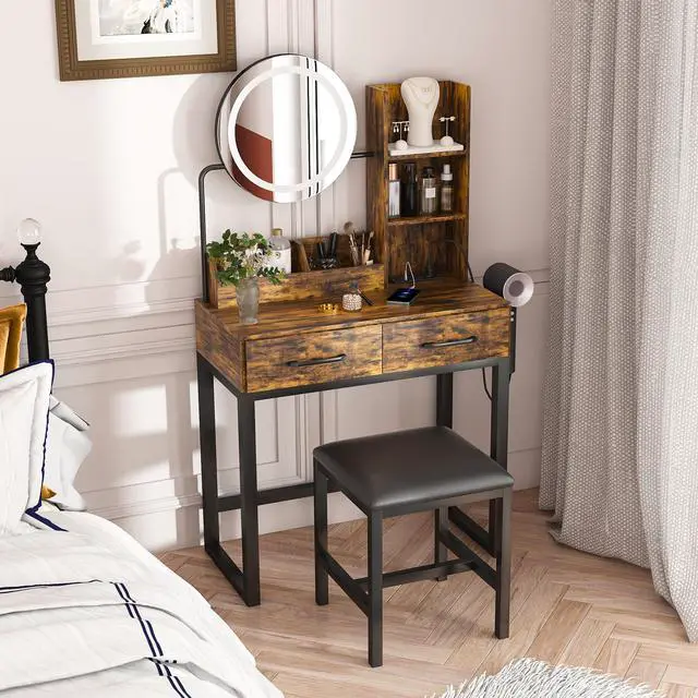 Alt view image 4 of 7 - Makeup Vanity with LED Lights&3 Color and Power Outlet Makeup Vanity Table with 2 big Drawers with Sturdy Metal Leg and Metal Chair ,Dressing Table for Bedroom Dressing Room (brown)