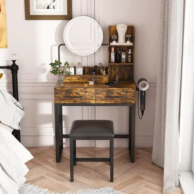 Alt view image 2 of 7 - Makeup Vanity with LED Lights&3 Color and Power Outlet Makeup Vanity Table with 2 big Drawers with Sturdy Metal Leg and Metal Chair ,Dressing Table for Bedroom Dressing Room (brown)