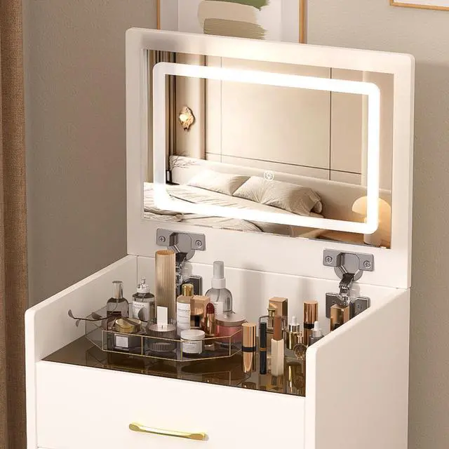 Alt view image 6 of 7 - 3 in 1 Vanity Desk with open Top Mirror,Small Make Up Vanity Set with Visible Glass Desktop,Compact Makeup Vanity with 3 Drawers,Dressing Table for Bedroom