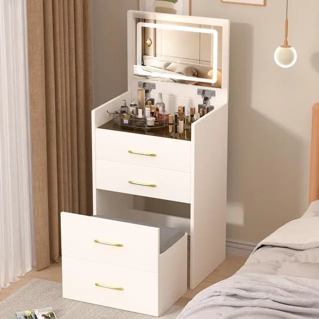 Alt view image 2 of 7 - 3 in 1 Vanity Desk with open Top Mirror,Small Make Up Vanity Set with Visible Glass Desktop,Compact Makeup Vanity with 3 Drawers,Dressing Table for Bedroom