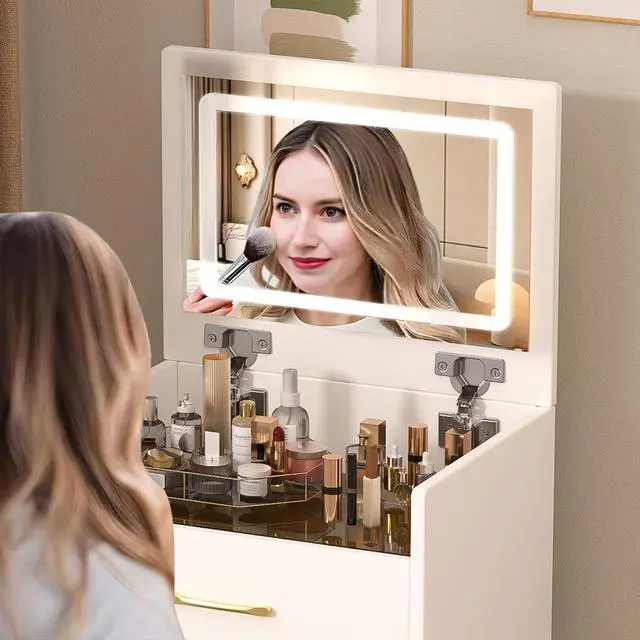 Alt view image 5 of 7 - 3 in 1 Vanity Desk with open Top Mirror,Small Make Up Vanity Set with Visible Glass Desktop,Compact Makeup Vanity with 3 Drawers,Dressing Table for Bedroom