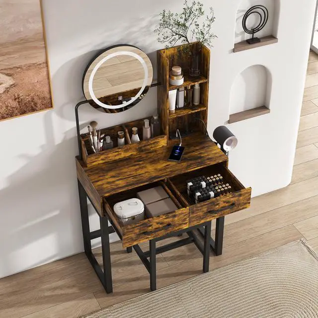 Alt view image 5 of 7 - Makeup Vanity with LED Lights&3 Color and Power Outlet Makeup Vanity Table with 2 big Drawers with Sturdy Metal Leg and Metal Chair ,Dressing Table for Bedroom Dressing Room (brown)