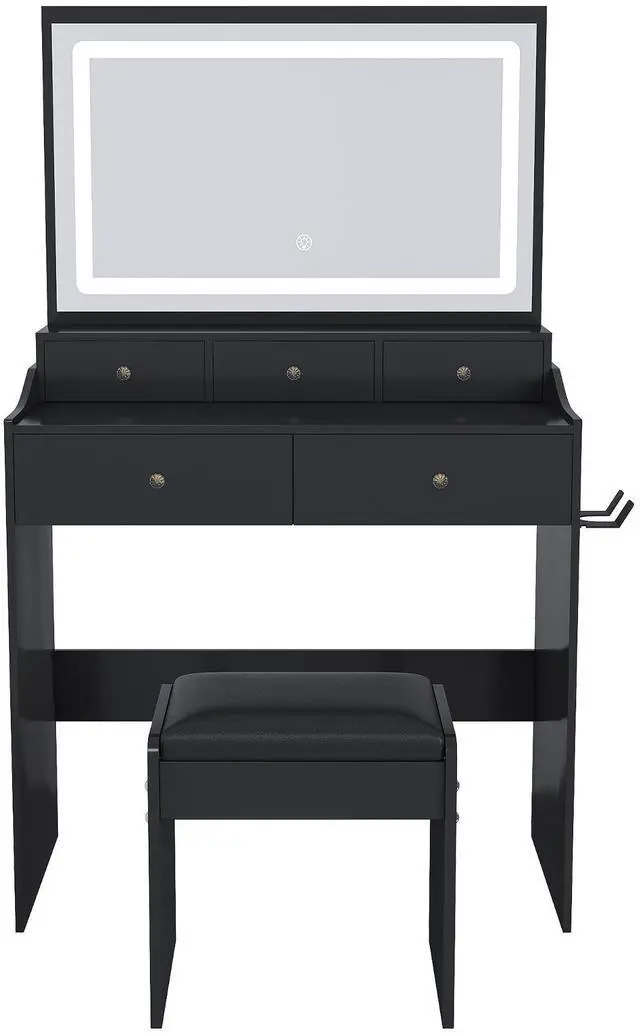 Main image of New Large Mirror Vanity Desk for Bed room , Modern Makeup Vanity Set with Power Outlet and Hair dryer holder, 5 Drawers , 3 Lighting Color Adjustable Dressing Table for Bedroom, Black Color