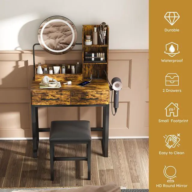 Alt view image 6 of 7 - Makeup Vanity with LED Lights&3 Color and Power Outlet Makeup Vanity Table with 2 big Drawers with Sturdy Metal Leg and Metal Chair ,Dressing Table for Bedroom Dressing Room (brown)