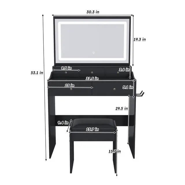 Alt view image 3 of 7 - New Large Mirror Vanity Desk for Bed room , Modern Makeup Vanity Set with Power Outlet and Hair dryer holder, 5 Drawers , 3 Lighting Color Adjustable Dressing Table for Bedroom, Black Color