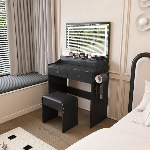 Alt view image 4 of 7 - New Large Mirror Vanity Desk for Bed room , Modern Makeup Vanity Set with Power Outlet and Hair dryer holder, 5 Drawers , 3 Lighting Color Adjustable Dressing Table for Bedroom, Black Color