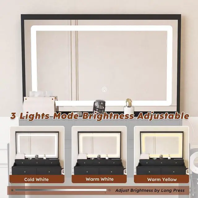 Alt view image 6 of 7 - New Large Mirror Vanity Desk for Bed room , Modern Makeup Vanity Set with Power Outlet and Hair dryer holder, 5 Drawers , 3 Lighting Color Adjustable Dressing Table for Bedroom, Black Color