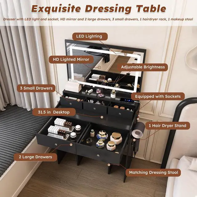 Alt view image 5 of 7 - New Large Mirror Vanity Desk for Bed room , Modern Makeup Vanity Set with Power Outlet and Hair dryer holder, 5 Drawers , 3 Lighting Color Adjustable Dressing Table for Bedroom, Black Color