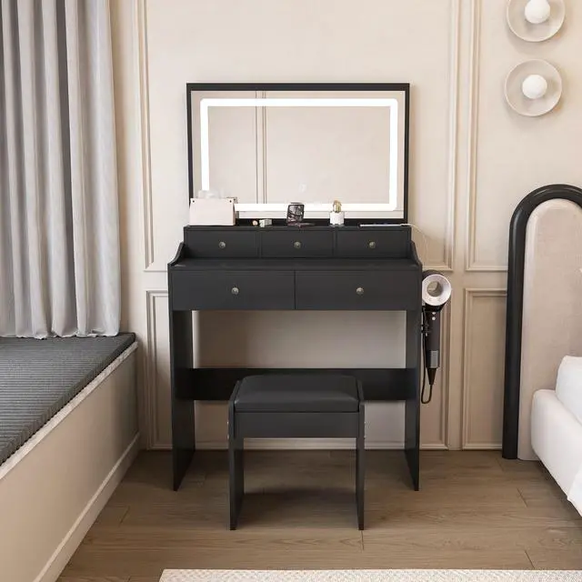 Alt view image 2 of 7 - New Large Mirror Vanity Desk for Bed room , Modern Makeup Vanity Set with Power Outlet and Hair dryer holder, 5 Drawers , 3 Lighting Color Adjustable Dressing Table for Bedroom, Black Color