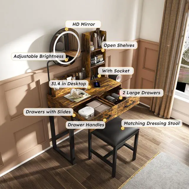 Alt view image 7 of 7 - Makeup Vanity with LED Lights&3 Color and Power Outlet Makeup Vanity Table with 2 big Drawers with Sturdy Metal Leg and Metal Chair ,Dressing Table for Bedroom Dressing Room (brown)