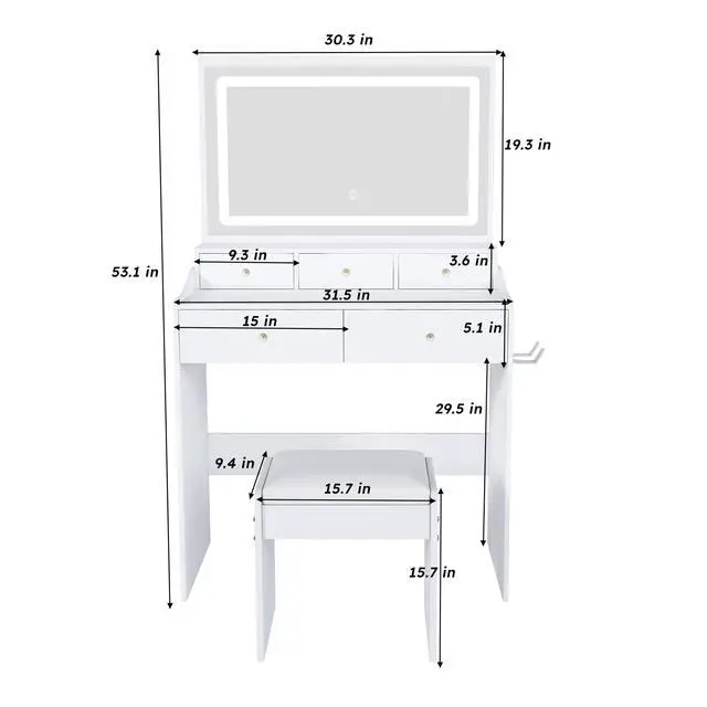 Alt view image 3 of 7 - New Large Mirror Vanity Desk for Bed room , Modern Makeup Vanity Set with Power Outlet and Hair dryer holder, 5 Drawers , 3 Lighting Color Adjustable Dressing Table for Bedroom, White Color