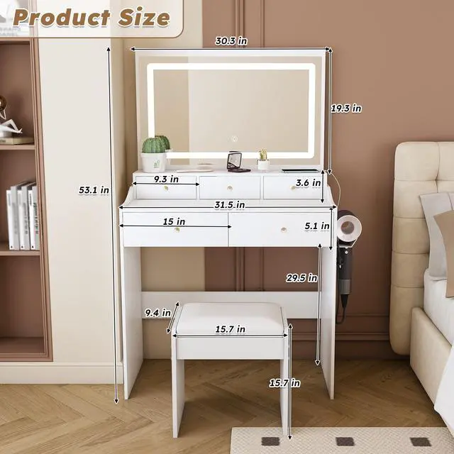Alt view image 7 of 7 - New Large Mirror Vanity Desk for Bed room , Modern Makeup Vanity Set with Power Outlet and Hair dryer holder, 5 Drawers , 3 Lighting Color Adjustable Dressing Table for Bedroom, White Color