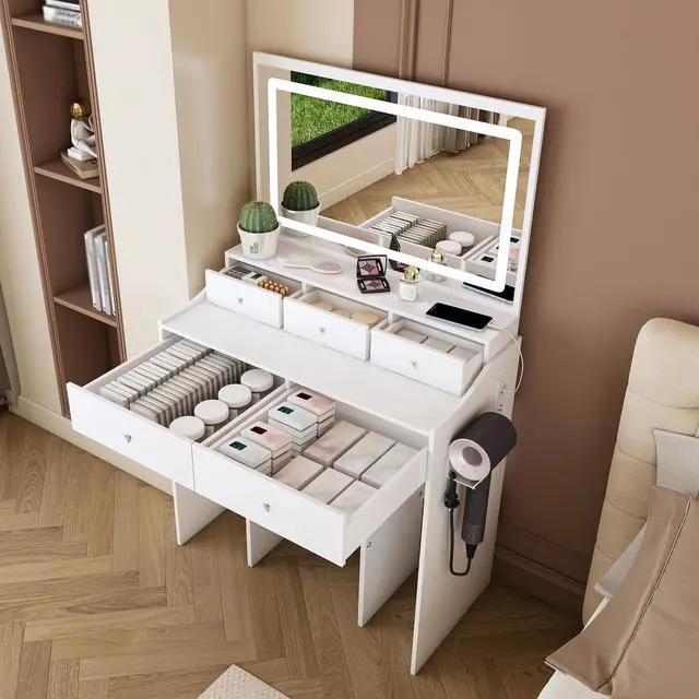 Alt view image 4 of 7 - New Large Mirror Vanity Desk for Bed room , Modern Makeup Vanity Set with Power Outlet and Hair dryer holder, 5 Drawers , 3 Lighting Color Adjustable Dressing Table for Bedroom, White Color