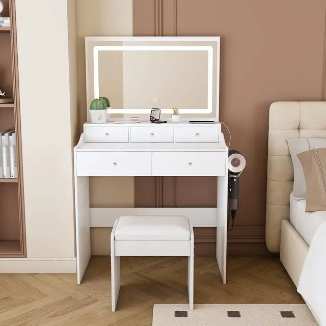 Alt view image 2 of 7 - New Large Mirror Vanity Desk for Bed room , Modern Makeup Vanity Set with Power Outlet and Hair dryer holder, 5 Drawers , 3 Lighting Color Adjustable Dressing Table for Bedroom, White Color