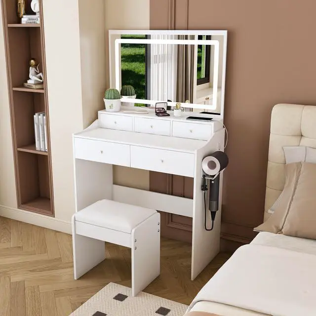 Alt view image 6 of 7 - New Large Mirror Vanity Desk for Bed room , Modern Makeup Vanity Set with Power Outlet and Hair dryer holder, 5 Drawers , 3 Lighting Color Adjustable Dressing Table for Bedroom, White Color