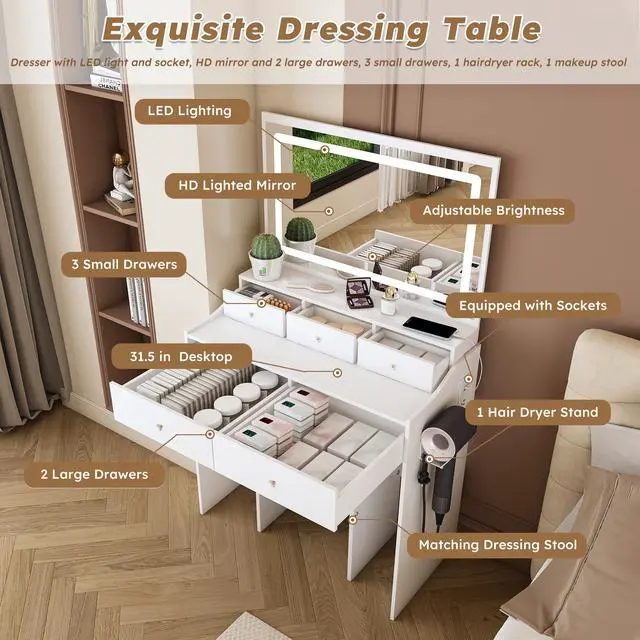 Alt view image 5 of 7 - New Large Mirror Vanity Desk for Bed room , Modern Makeup Vanity Set with Power Outlet and Hair dryer holder, 5 Drawers , 3 Lighting Color Adjustable Dressing Table for Bedroom, White Color