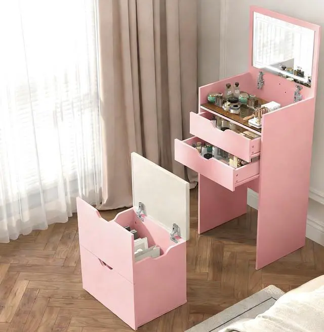 Alt view image 2 of 7 - Dressing Table and Stool, 3-in-1 Multifunctional Dressing Table Set, Featuring Three-color Lighting Modes, HD Mirror, Two Sliding Drawers, and a Hidden Storage Stool.