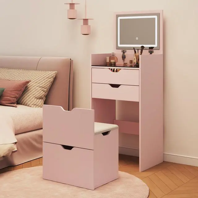 Main image of Dressing Table and Stool, 3-in-1 Multifunctional Dressing Table Set, Featuring Three-color Lighting Modes, HD Mirror, Two Sliding Drawers, and a Hidden Storage Stool.
