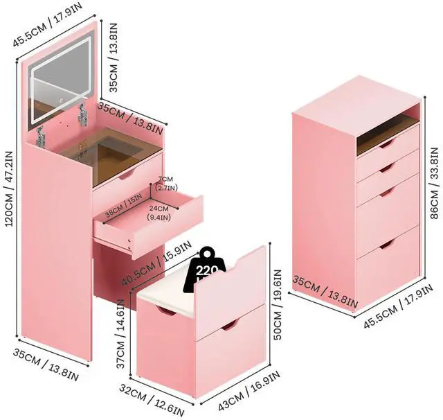 Alt view image 4 of 7 - Dressing Table and Stool, 3-in-1 Multifunctional Dressing Table Set, Featuring Three-color Lighting Modes, HD Mirror, Two Sliding Drawers, and a Hidden Storage Stool.