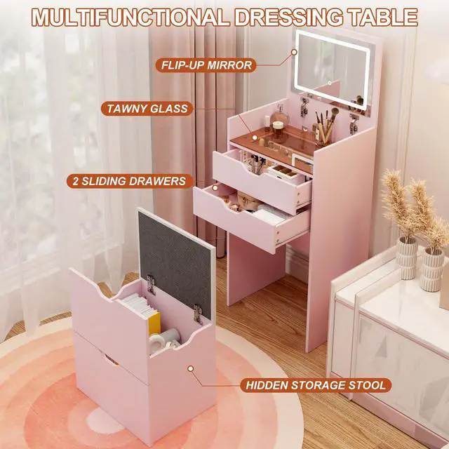 Alt view image 5 of 7 - Dressing Table and Stool, 3-in-1 Multifunctional Dressing Table Set, Featuring Three-color Lighting Modes, HD Mirror, Two Sliding Drawers, and a Hidden Storage Stool.