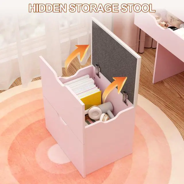 Alt view image 6 of 7 - Dressing Table and Stool, 3-in-1 Multifunctional Dressing Table Set, Featuring Three-color Lighting Modes, HD Mirror, Two Sliding Drawers, and a Hidden Storage Stool.