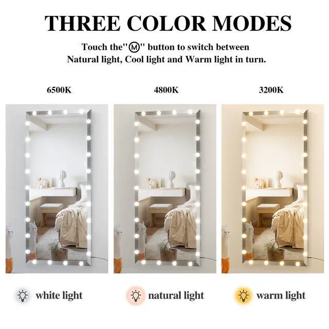 Alt view image 5 of 7 - Hollywood Full Length Mirror with Lights Oversized Full Body Vanity Mirror with 3 Color Modes Lighted Large Standing Floor Mirror for Dressing Room Bedroom Hotel Touch Control,Silver,72X32 Inch