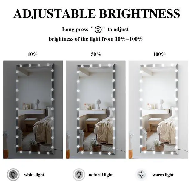 Alt view image 4 of 7 - Hollywood Full Length Mirror with Lights Oversized Full Body Vanity Mirror with 3 Color Modes Lighted Large Standing Floor Mirror for Dressing Room Bedroom Hotel Touch Control,Silver,72X32 Inch