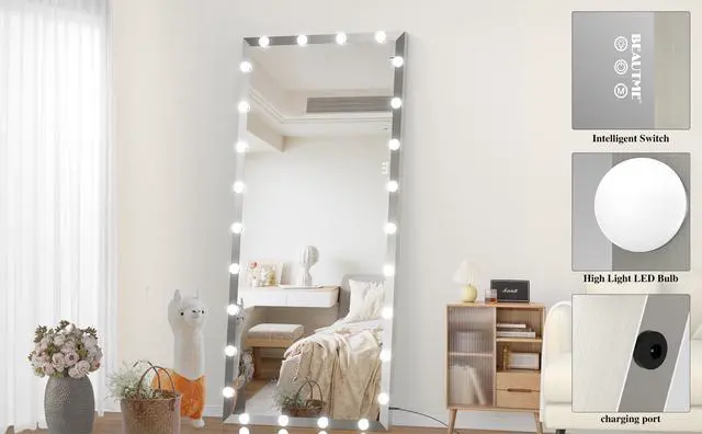 Alt view image 7 of 7 - Hollywood Full Length Mirror with Lights Oversized Full Body Vanity Mirror with 3 Color Modes Lighted Large Standing Floor Mirror for Dressing Room Bedroom Hotel Touch Control,Silver,72X32 Inch