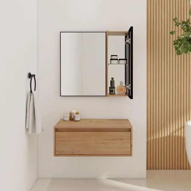 Alt view image 2 of 7 - 30'' Dressing Table With Mirror,Wall Mounted Mirror Cabinet with Acrylic Door, Black Aluminum Frame Mirror&Cabinet