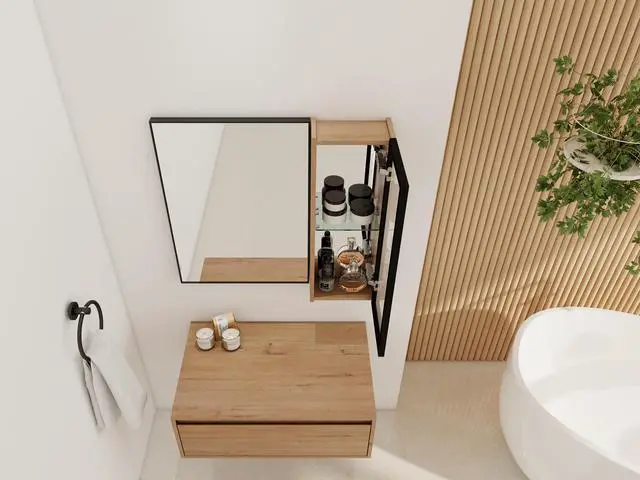Alt view image 5 of 7 - 30'' Dressing Table With Mirror,Wall Mounted Mirror Cabinet with Acrylic Door, Black Aluminum Frame Mirror&Cabinet