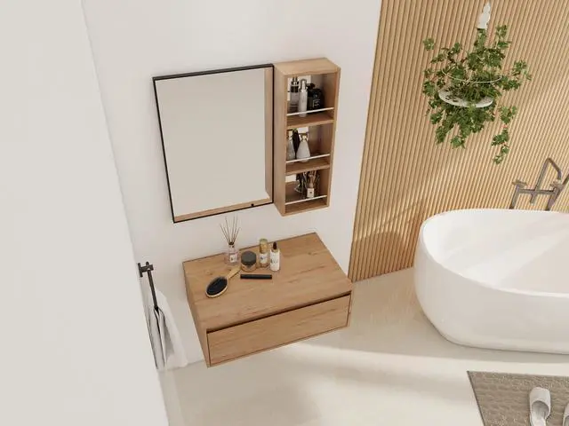 Alt view image 5 of 7 - 30'' Dressing Table With Mirror,Wall Mounted Mirror Cabinet with Black Aluminum Frame Mirror&Cabinet