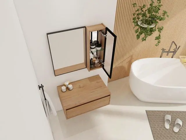 Alt view image 3 of 7 - 30'' Dressing Table With Mirror,Wall Mounted Mirror Cabinet with Acrylic Door, Black Aluminum Frame Mirror&Cabinet