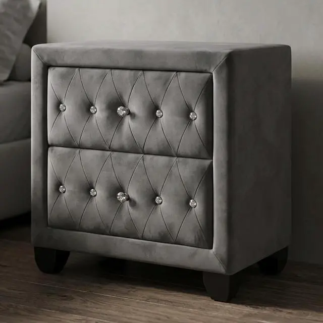 Alt view image 2 of 5 - Sophia Modern Style Crystal Tufted 2-Drawer Nightstand Upholstered With Velvet Fabric Made With Wood In Gray
