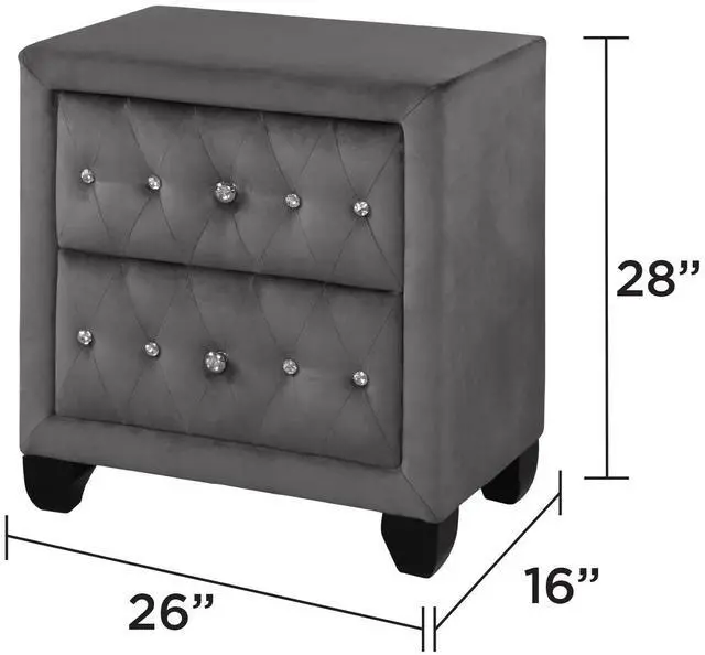Alt view image 3 of 5 - Sophia Modern Style Crystal Tufted 2-Drawer Nightstand Upholstered With Velvet Fabric Made With Wood In Gray