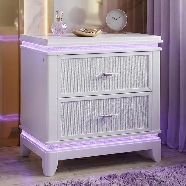 Alt view image 2 of 7 - Opium Modern Style 2-Drawer Nightstand With Mirror-Embellished Front And Led Enhancement In White