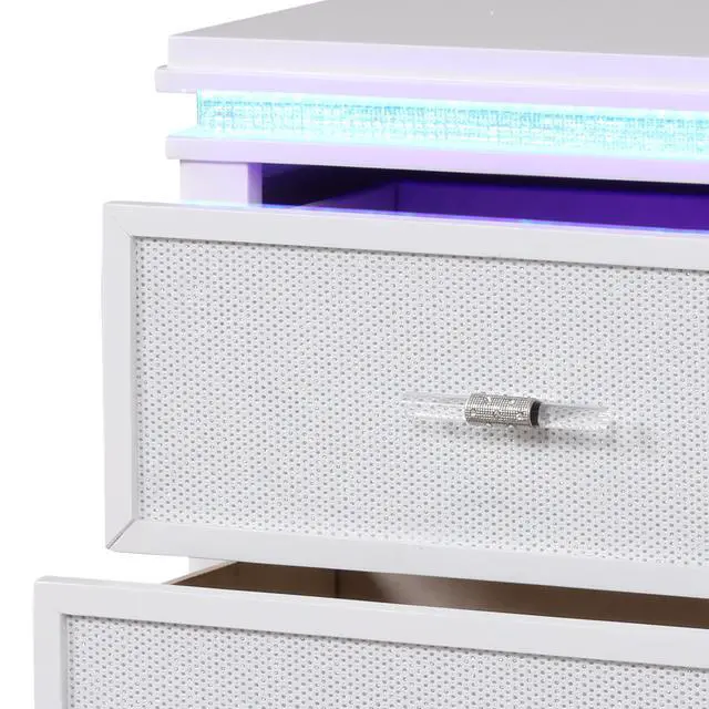 Alt view image 5 of 7 - Opium Modern Style 2-Drawer Nightstand With Mirror-Embellished Front And Led Enhancement In White