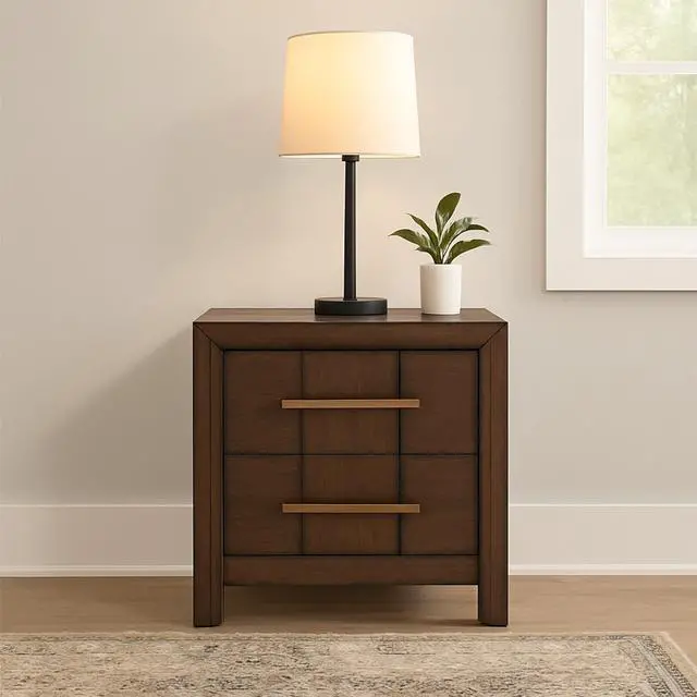 Alt view image 2 of 7 - Kenzo Modern Style 2-Drawer Nightstand Made With Wood In Walnut