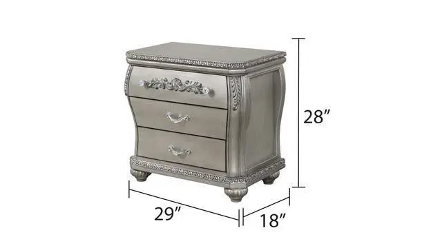 Alt view image 2 of 3 - Destiny Traditional Style 3-Drawer Night Stand With Metal Drawer Pulls Made With Wood In Silver