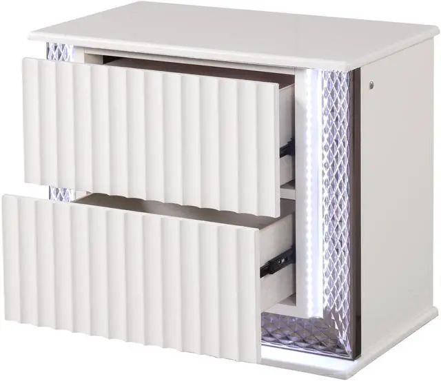 Alt view image 5 of 5 - Fabio Contemporary Style 2-Drawer Nightstand Made With Diamond-Patterned Side Accents With Led Lighting And Wood In White Finish
