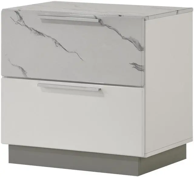 Main image of Mist Nightstand Two-Tone High-Gloss Marble & Lacquer Finish With Two Drawers, Velvet-Lined Interior, And A Compact Elegant Design